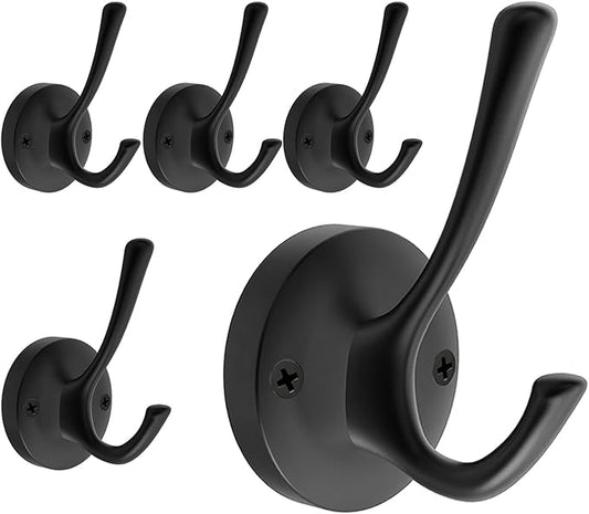 Black Towel Hooks for Wall, 5 Pack Coat Robe Hook Heavy Duty Metal Double Bath Hook Wall Mounted, Hat Hooks for Cubicle Bathroom Kitchen Closet Garage