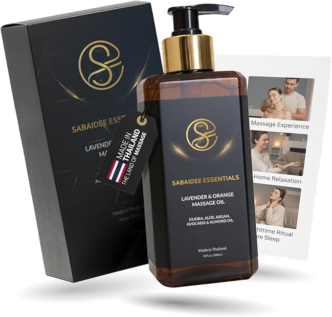 Massage Oil - Lavender Oil & Orange 10 Fl Oz - Thai Aromatherapy Oil and Massage Therapy with Jojoba, Avocado, Argan, Aloe, Almond – Relaxing Body Care & Self-Care Rituals