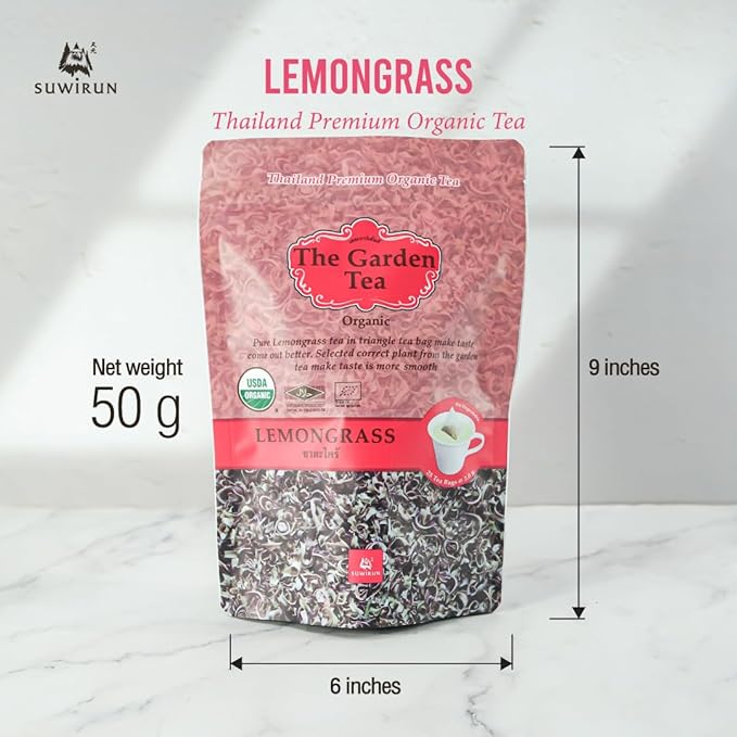 Suwirun Organic Lemongrass Tea 25 Bags – Product of Thailand – Citrusy & Refreshing Herbal Tea, Caffeine-Free, No Calories, Soothes Throat & Aids Digestion, Enjoy Hot or Cold
