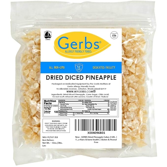 Gerbs Dried Pineapple Cubes, 2 LBS - Preservative Free & Unsulfured - Top 14 Food Allergy Free & Non GMO - Product of Thailand