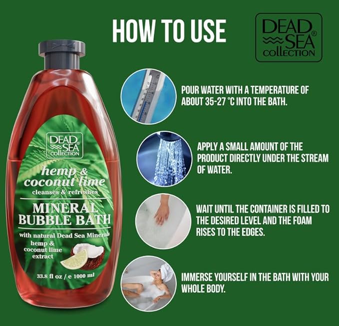 Dead Sea Collection Hemp & Coconut Lime Bubble Bath for Women and Men with Pure Minerals - Nourishing and Moisturizing Skin - 33.8 Fl. Oz