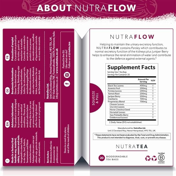 NUTRAFLOW Herbal Tea Blend – Includes Horsetail, Yarrow & Goldenseal - Support Health Cleansing Process - 40 Enveloped Tea Bags - by Nutra Tea - (2 Pack)