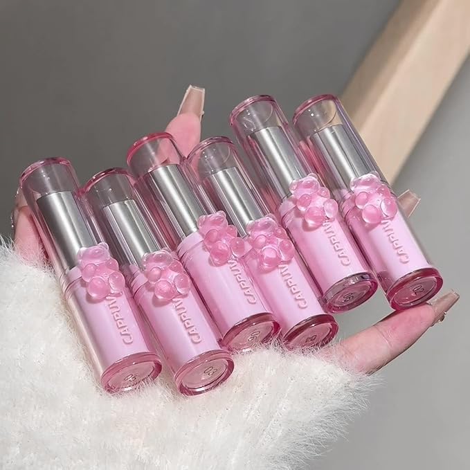 3 Pcs Cute Bear Glossy Lipstick Set, Moisturizing Smooth Sweet Tinted Lip Balm, Hydrating Non-Stick Cup Jelly Lipstick Gift Set, Lip Makeup for Girls (Light Pink, 3 PCS)