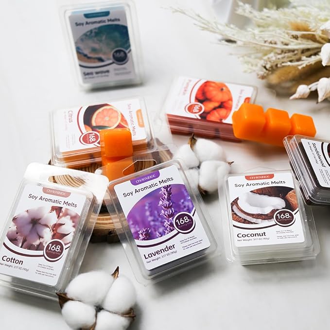 10-Pack Aromatherapy Wax Melts, Two Scent Combo | Wax Warmer & 8 Tealights Included | 90g (3.17 oz) per Pack | Eco-Friendly Soy Wax, 8 Scents (Cotton & Ocean Breeze) (Cotton & Ocean Breeze)
