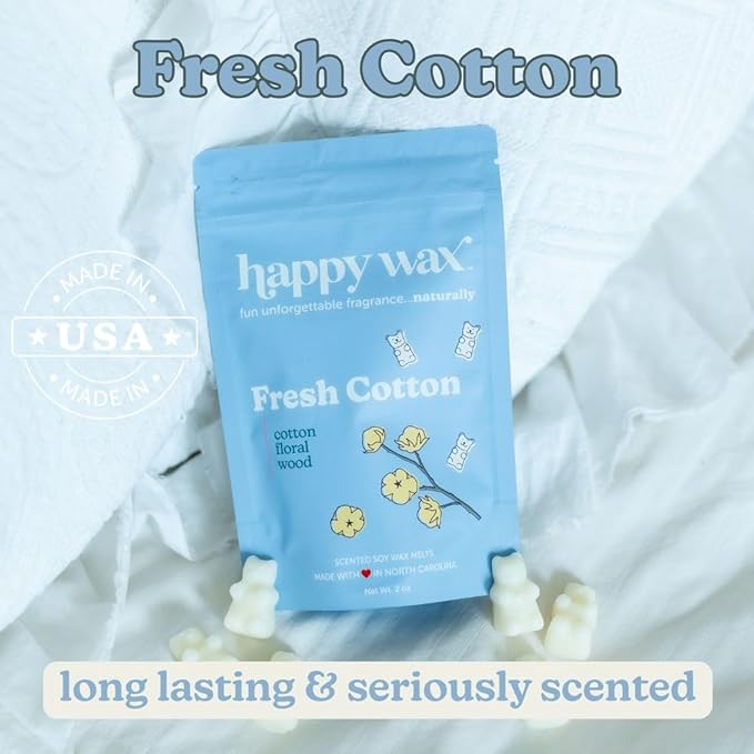 Happy Wax Fresh Cotton Scented Bear Wax Melts - Natural Strong Infused with Essential Oils, Non-Toxic Soy Melts for Warmers (4 oz Tin)
