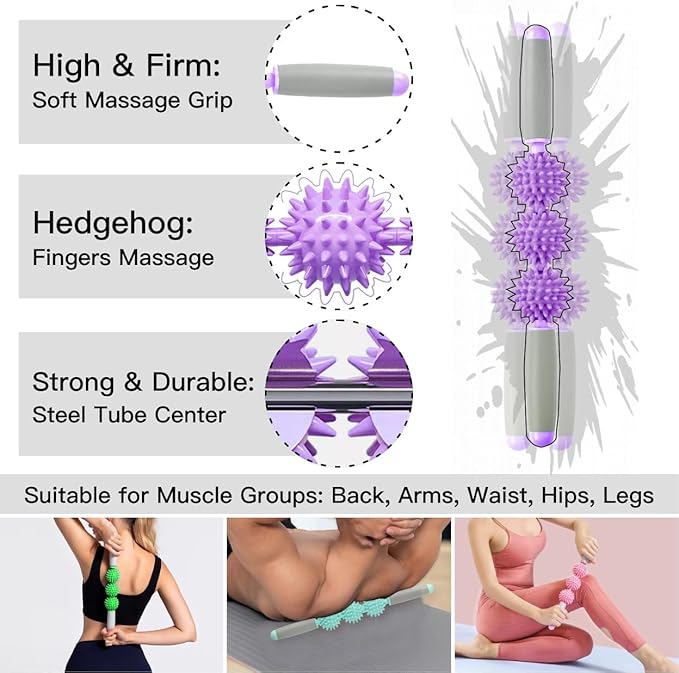 Fascia Muscle Roller, Cellulite Massager Fascia Roller for Cellulite and Sore Muscles, Neck, Leg, Back, Pressure Trigger Point Body Roller Deep Tissue Massage Stick Tools - 3 Massage Balls | Purple