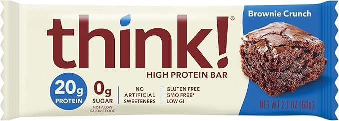 think! Protein Bars, High Protein Snacks, Gluten Free, Sugar Free Energy Bar with Whey Protein Isolate, Brownie, Nutrition Bars without Artificial Sweeteners, 2.1oz Bars, 1 Box (Pack of 2)