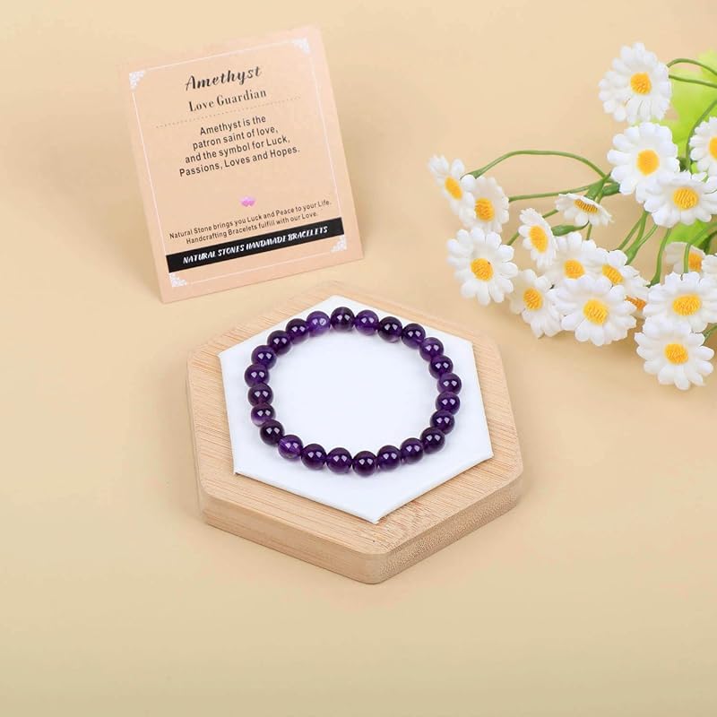 AD Beads Handmade Gemstone Stretch Elastic Bracelet Crystal Healing Reiki Nature's Beauty and Spiritual Essence Unisex (8mm, Amethyst (Love Guardian))