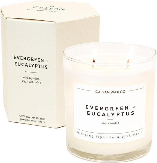 Calyan Wax Co. 2 Wick Candle, Evergreen + Eucalyptus Scented Candle, 37 Hour Burn Time, Aromatherapy Soy Candles, Non Toxic & Vegan Soy Wax, Glass Tumbler Scented Candles, 12.5oz