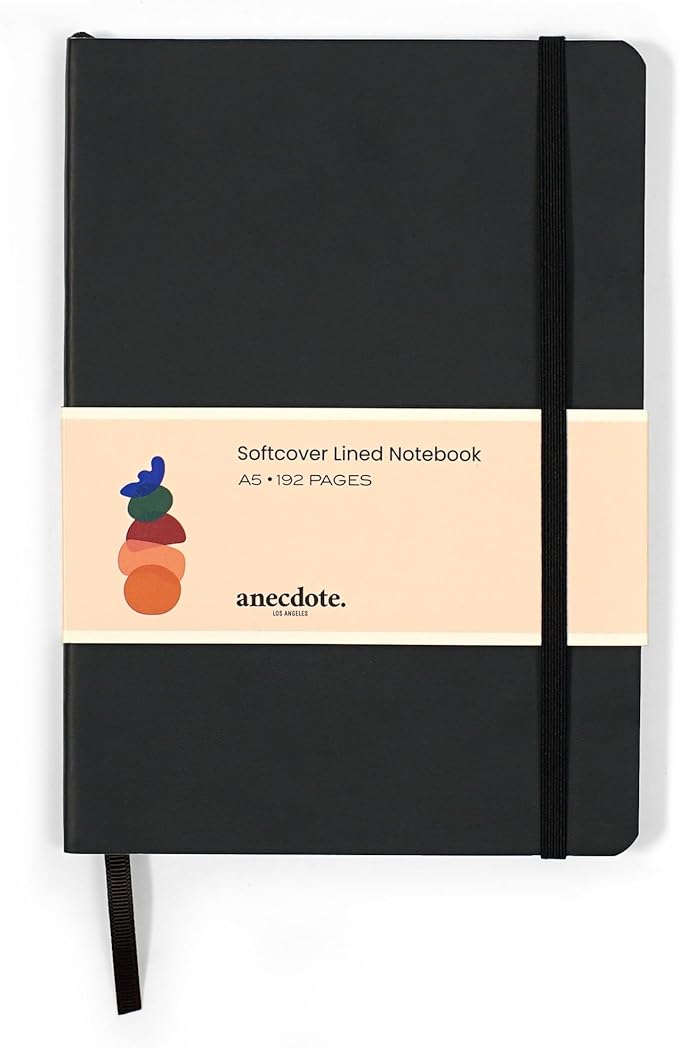 ANECDOTE. Softcover Ruled Journal with Thick 80 gsm Lined Cream Paper A5 size (8.3 inches x 5.4 inches) - Daily Writing Notebook for Travel, School and Office Use - Diary for Women and Men - Black