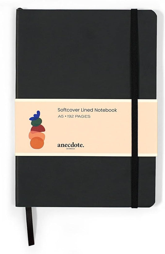 ANECDOTE. Softcover Ruled Journal with Thick 80 gsm Lined Cream Paper A5 size (8.3 inches x 5.4 inches) - Daily Writing Notebook for Travel, School and Office Use - Diary for Women and Men - Black