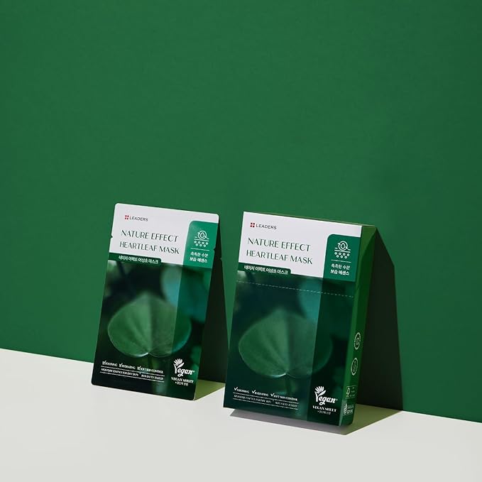 LEADERS Nature Effect Heartleaf Mask - Hydrating & Restoring Face Mask for Dry, Acne-Prone, Sensitive Skin | Soothing, Balancing, & Soft Skin Control Serum Content, Vegan Certified - 10 Sheets