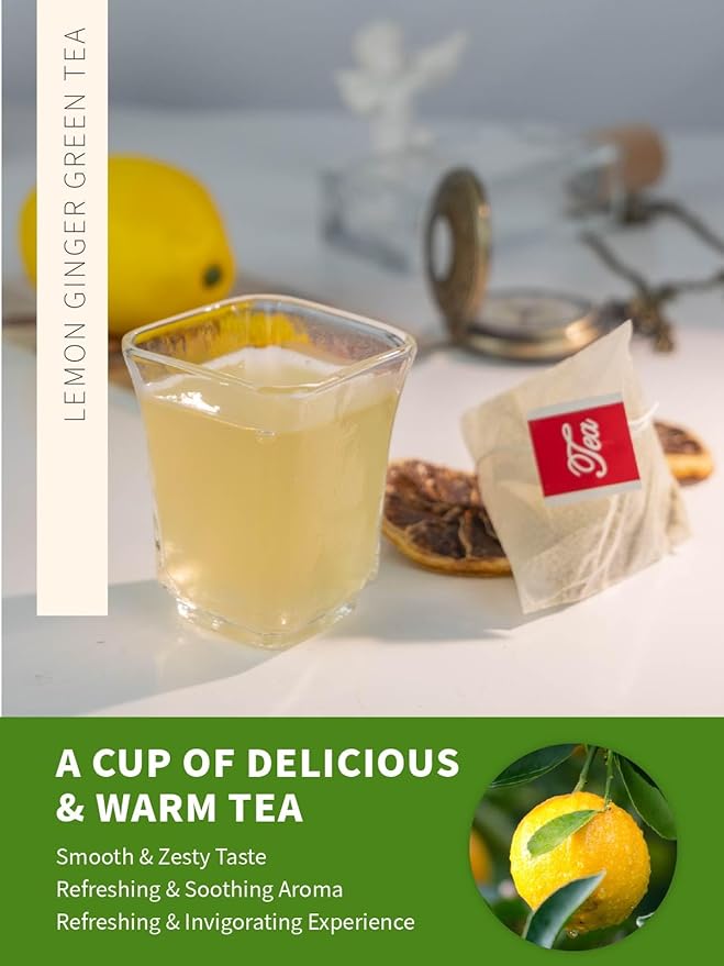 TeeLux Lemon Ginger Green Tea, Zesty Ginger, Refreshing Natural Lemon Flavor, Brisk Sencha Green Tea, Low Caffeine, 100 Count
