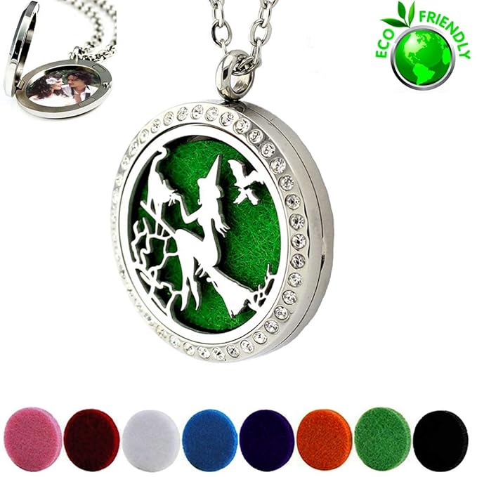 Essential Oil Diffuser Necklace for Birthday Christmas- Aromatherapy Crystal Jewelry Stainless Steel Halloween Magic Witch Locket Pendant with 24'' Chain 8 Washable Refill Pads Gift