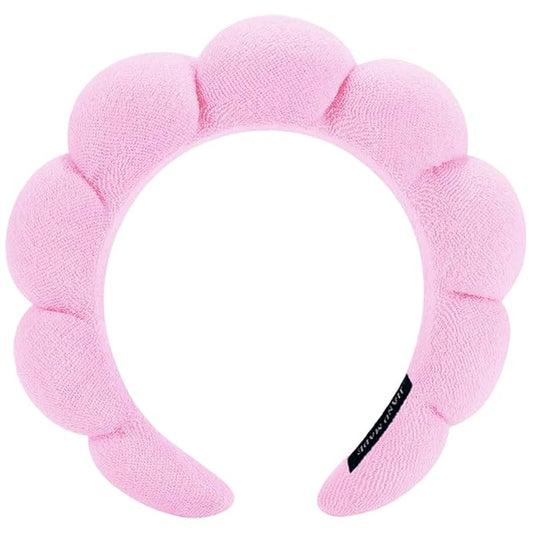 Spa Headbands for Washing Face or Makeup, Sponge Bubble Skincare Headbands, Puffy Terry Cloth Hairband for Women, Skin Care Makeup Headwear Hair Accessories for Girls(Pink)