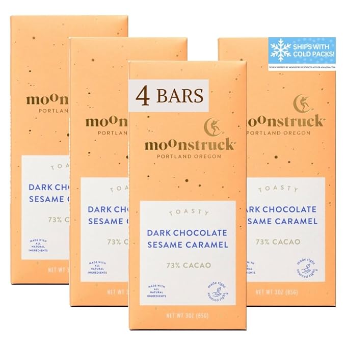 Moonstruck Chocolate Sesame Caramel Dark Chocolate Bar, 73% Cacao, 3.0oz (Pack of 4)