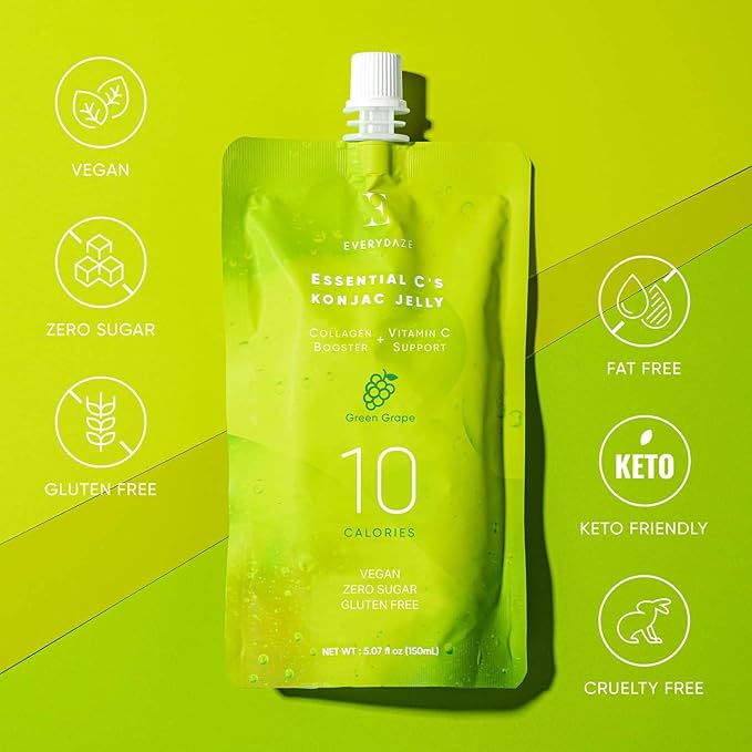 EVERYDAZE Essential C’s Konjac Jelly | Green Grape | Vegan Collagen Peptides and Vitamin C | Gluten Free, Sugar Free, Low Calorie | Healthy Drinkable Fruit Snack | 10 Pack Box Food Drink Pouch