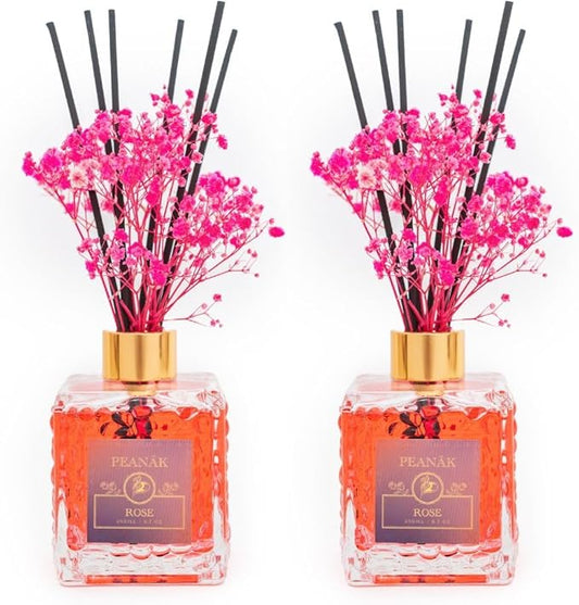 PEANÄK Reed Diffuser Set - Rose Honey Fragrance 6.7oz (200 ml) - Set of 2 Real Preserved Flowers & 6 Reed Sticks for Home & Office Bathroom Shelf Décor with Long Lasting Gift Scents