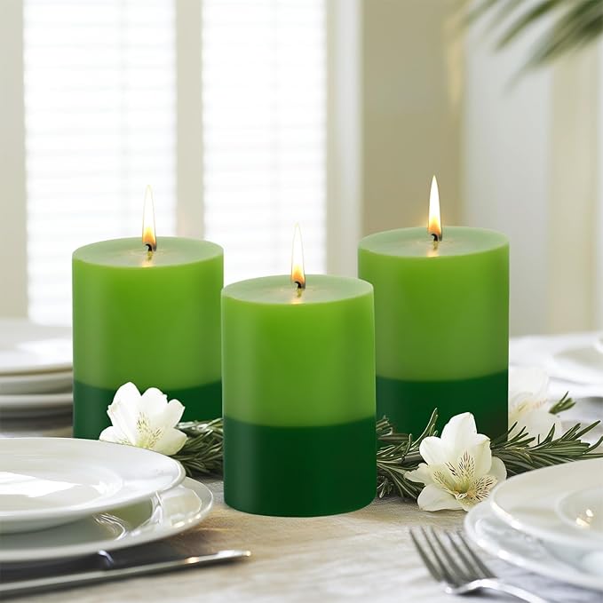 KONNI Green Layered Pillar Candles Set of 3, 3"x 4" Unscented Pillar Candles Bulk, 39 Hours Long Burning Candles, Smokeless&Dripless Large Round Candle for Wedding, Home Decoration, Parties, Dinner