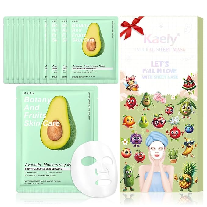 Kaely 12 Pack Avocado Face Masks for Kids, Kids Face Mask Spa Day Kit Supplies, Spa Party Favors for Teens Girls Women, Sheet Facial Mask Skincare Gifts Set, Hydrating Nourish for All Skin Types, 09