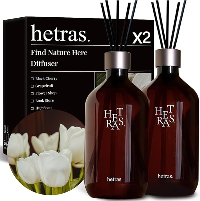 hetras Premium Reed Diffuser Set 16.9 fl.oz. 2 Pack | La Tulip Shower - Elegant Flowers Scent | Long-Lasting Luxury Fragrance with 10 Reed Sticks for Home & Office | Gifts for Loved One