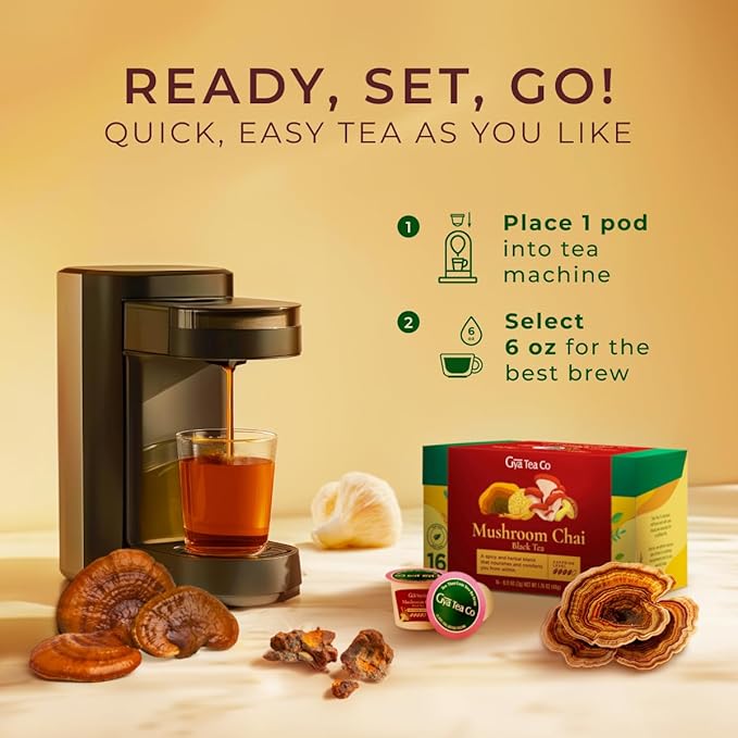 Gya Tea Co Caffeinated Mushroom Chai Black Tea Pod (16 Count) - Smooth, Flavourful, Robust, Enjoy Hot or Iced