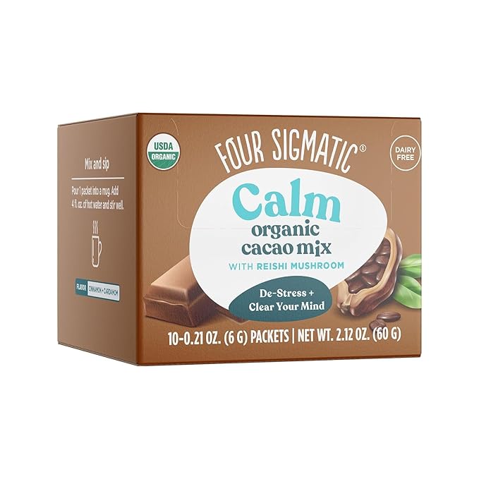 Four Sigmatic Calm Mushroom Cacao Mix | Organic Instant Cacao with Organic Reishi Mushroom Powder | Supports Calm & Relaxation | Drink it or Bake with it | Vegan, Gluten-Free, Dairy-Free | 10 Count