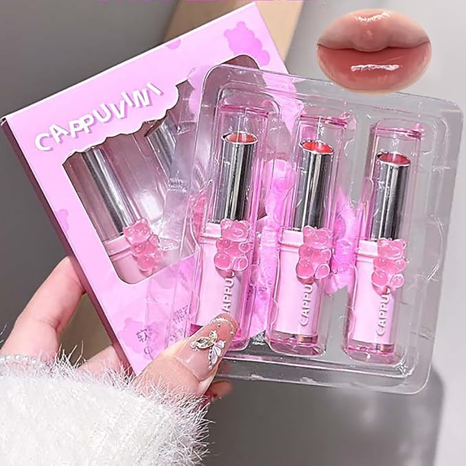 3 Pcs Cute Bear Glossy Lipstick Set, Moisturizing Smooth Sweet Tinted Lip Balm, Hydrating Non-Stick Cup Jelly Lipstick Gift Set, Lip Makeup for Girls (Dark Pink, 3 PCS)