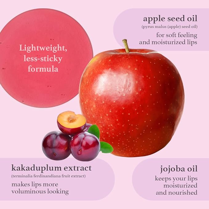 NOONI Vegan Appleseed Lip Oil Set - Applecherry & Appleplum | Long-Lasting, Moisturizing, Plumping, Revitalizing for Dry Lips, Waterproof, No Peel Off, Korean Tint, 0.12 FL Oz x 2ea