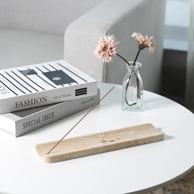 Koville Travertine Incense Holder, Incense Holder for Sticks, Long Incense Sticks Holder Ash Catcher for Meditation Yoga SPA, Natural Stone Incense Burner, Home Table Decor(Beige)