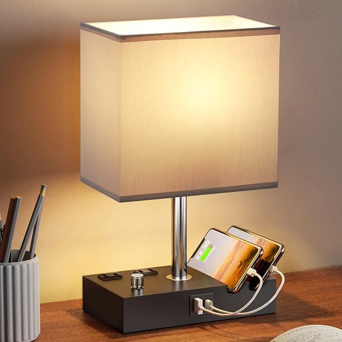 Kakanuo Table Lamp for Bedroom with Dual USB Ports, Grey Fully Dimmable Bedside Lamp with Phone Stands and 2 Charging Outlets, Desk Lamp for Nightstand and Living Room, LED Bulb Included