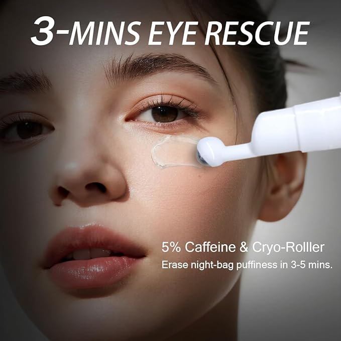 5% Caffeine Eye Serum for Dark Circles Wrinkles Puffy Bags & Fine Lines with Retinal Hyaluronic Acid Peptides, Instant Depuffing Eye Cream with 360° Roller Massage Ball, 0.51 fl oz