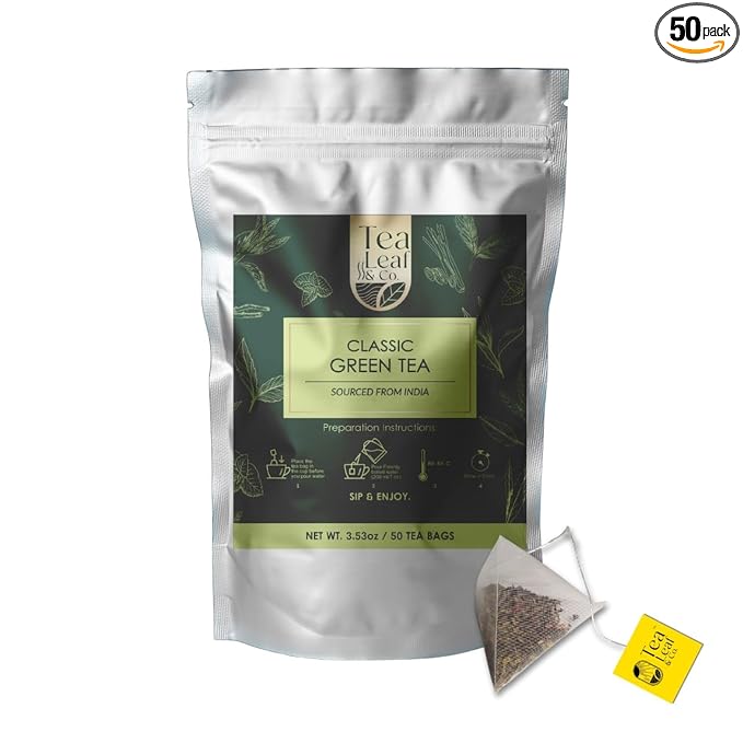 Classic Green Tea Bags (3.53oz/100gm), Loose Leaf 50 Pyramid Teabags, Blended with Fresh Herbs and Spices, Organic Herbal Tea, Low Caffeine Gluten Free