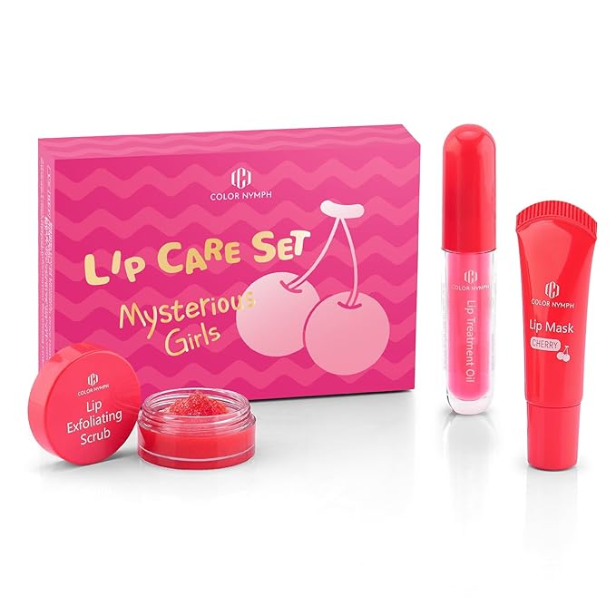 Color Nymph Lip Care Trio - Lip Scrub, Overnight Lip Mask & Lip Treatment Oil, Intense Hydration Lip Set for Dry Chapped Cracked Lips, Exfoliate & Moisturize - 3 Piece Gift Set - Cherry
