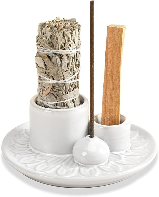 Palo Santo Sticks Holder, Multi-Purpose Handmade Ceramic Incense Burner for Palo Santo Incense Sticks, Sage Holder for Burning, Ash Catcher Tray for Meditation Yoga Room (White)