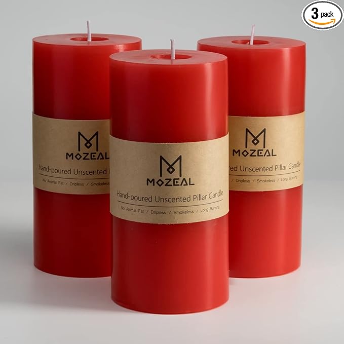 MOZEAL 3" x 6" Hand-Poured Unscented Candle,Dripless Pillar Candle Set of 3,Long Lasting Burning,Approx 120 Hours Burn Time,Rustic Country Style,for Wedding,Dinner,Christmas and Home Decor,Red