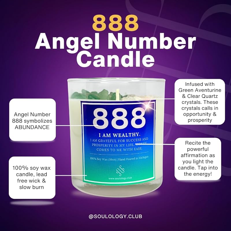 888 Angel Number Candle, 10oz, Crystal candle, 100% Soy Wax & Phthalate-Free Fragrance candles, Gifts candles for women, Angel Number Gift, Money Drawing Candle, Money Candle
