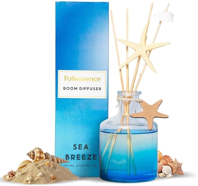 Folkulture Reed Diffusers for Home, 5 oz | Bathroom Decor, Beach Scent Diffuser Oil with Sticks for Living Room, Office, Desk| Natural Essential Oils | Housewarming Gifts | Home Fragrance Products