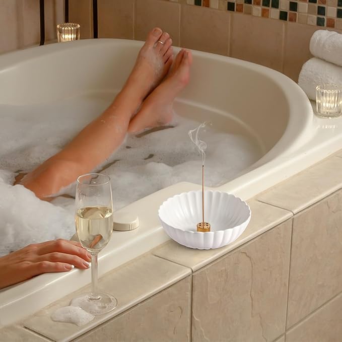 Incense Holder for Sticks, Ceramic Smudge Bowl Ash Catcher for Incense, Cones, Sage and Palo Santo, Incense Burner Holder Ideal for Smudging, Incense Burning, Decoration (White)