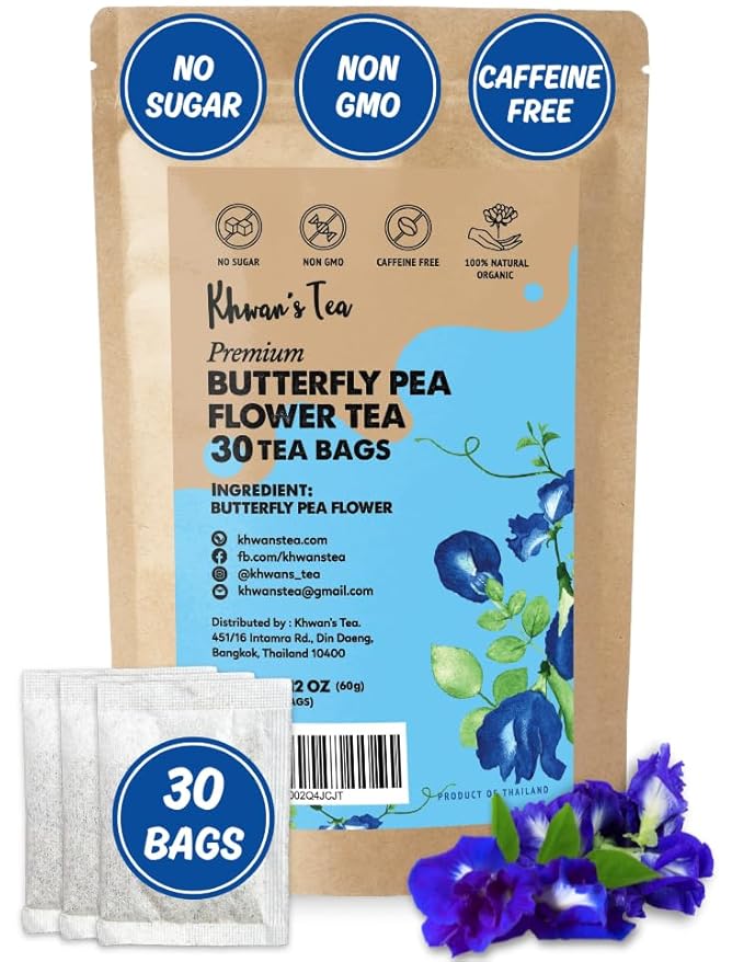 KHWAN'S TEA - Butterfly Pea Flower Tea Bags, Blue Herbal Tea Caffeine Free Natural Coloring, Sourced from Thailand