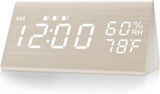 Digital Alarm Clock, with Wooden Electronic LED Time Display, 3 Alarm Settings, Humidity & Temperature Detect, Wood Made Electric Clocks for Bedroom, Bedside (White)