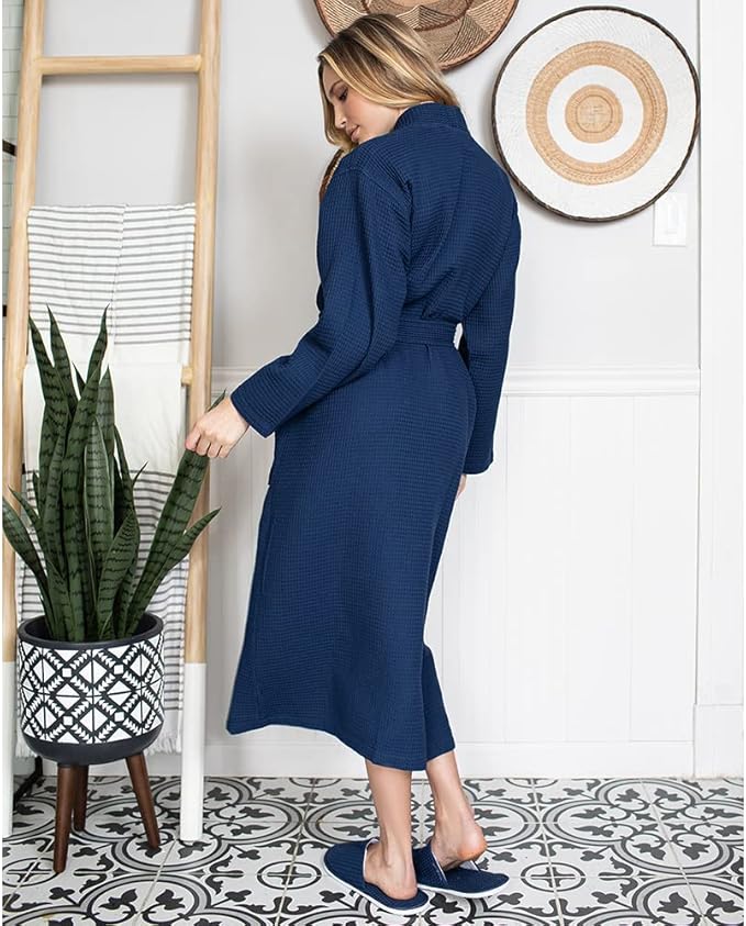 Lotus Linen Waffle Robes for Women - Lightweight Cotton Kimono Bathrobe - Long Soft Spa Bath Robe