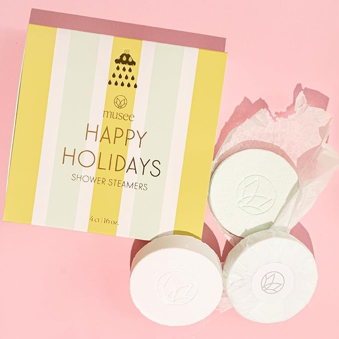 Musee | Happy Holidays Four Shower Steamers | Handmade in USA | Cruelty-Free & Paraben-Free | Vegan & Natural Ingredients | Holiday Gift Set for Women & Men | Aromatic Shower Experience