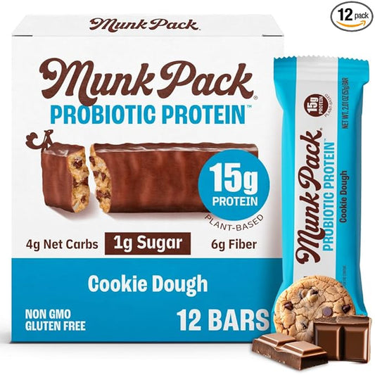 Munk Pack 15g Probiotic Keto Protein Bars - Low Sugar, High Protein -1g Sugar, 4g Net Carbs. Vegan + Plant Based Gut Health. Low Carb Healthy Snack Bar. Cookie Dough- 12 Count