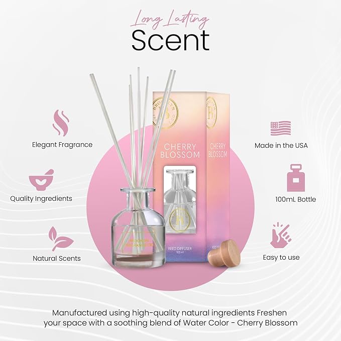 Brooklyn Fragrance Co. Water Color- Long Lasting Scented Aroma Diffuser – Cherry Blossom Air Freshener for Home- Fragrance Diffuser for a Large Room - 100ML