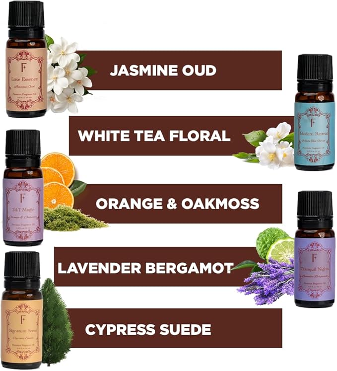 Folkulture Essential Oils for Home | Set of 5 (0.34 fl oz x 5) Hotel Collection Diffuser Oil | Lavender Essential Oil or Oud Oils for Relaxation | Jasmine Essential Oil or Cypress Scents for Women
