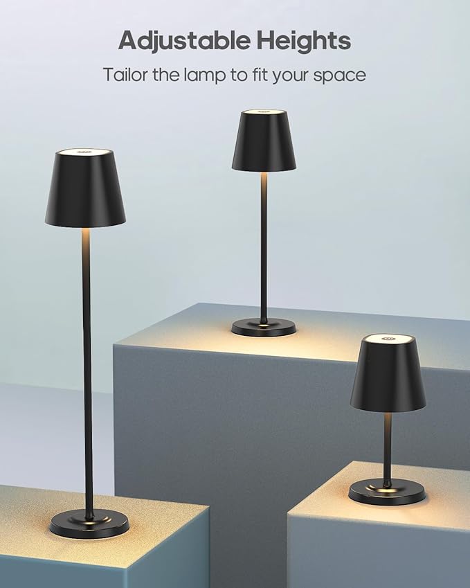 LED Cordless Table Lamp Rechargeable, 3-Height Adjustable, 5500mAh Battery Operated Lamp, 3-Color Dimming Touch Lamp, Portable Lamp for Dining, Bedroom,Camping, Outdoor, Indoor(Black 2 Pcs)