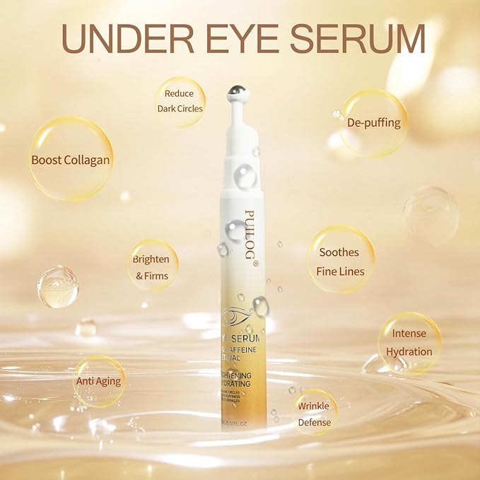 5% Caffeine Eye Serum for Dark Circles Wrinkles Puffy Bags & Fine Lines with Retinal Hyaluronic Acid Peptides, Instant Depuffing Eye Cream with 360° Roller Massage Ball, 0.51 fl oz