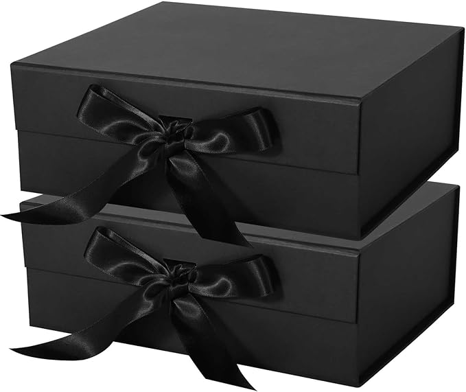 Black Gift Box with Ribbon Magnetic Lids 10.2x9x3.74 in, Bridesmaid Groomsman Proposal Boxes, Wedding Graduation Storage Box 2 Pack