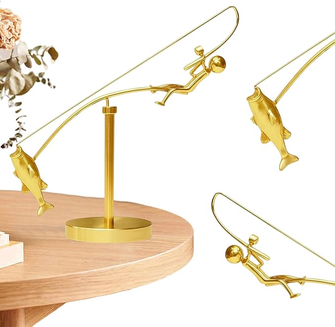 Kinetic Fishing Sculpture, Balance Art for Your Space, Metal Fishing Statue Home Office Desktop Ornament for Home Office Art Deco-D